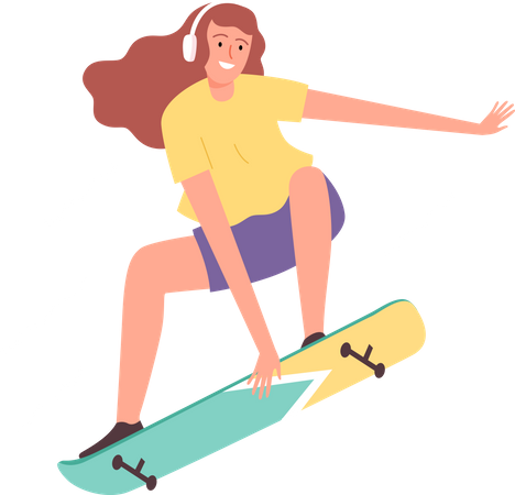 Woman wearing headphone and riding skateboard  Illustration