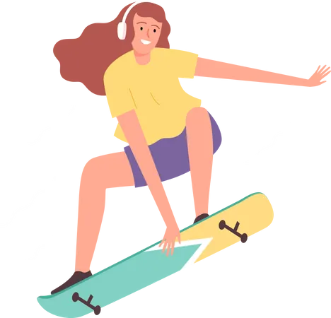 Woman wearing headphone and riding skateboard  Illustration