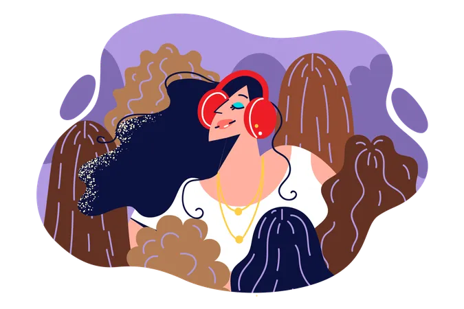 Woman wearing headphones listens to music  Illustration