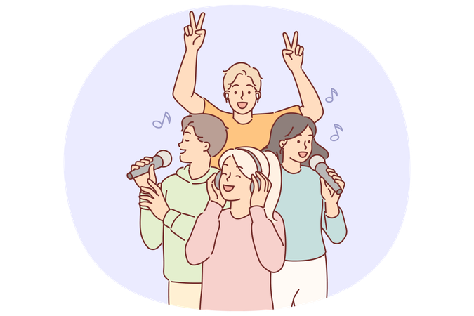 인기 있는 음악을 들으며 헤드폰을 쓴 여성, 마이크를 든 사람들 옆에 서서 노래하는 사람들  일러스트레이션