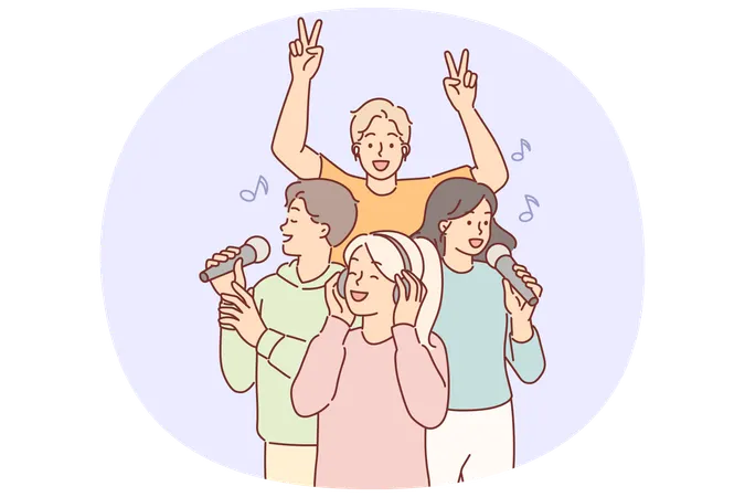 인기 있는 음악을 들으며 헤드폰을 쓴 여성, 마이크를 든 사람들 옆에 서서 노래하는 사람들  일러스트레이션