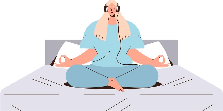 Calm Woman Wearing Headphones Meditating Listening Online Training On Internet Enjoying Guided Meditation Streaming On Radio Sitting On Bed Vector Illustration Mindfulness And Stress Relief Concept Illustration