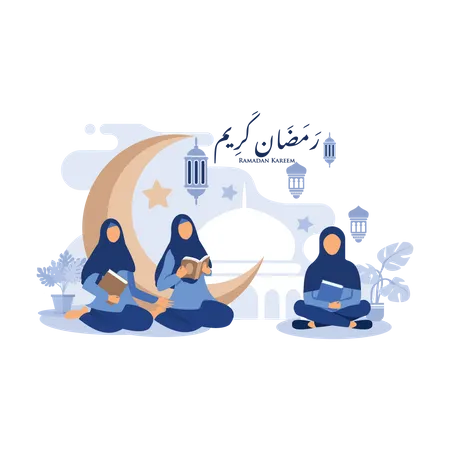 Woman wearing hijab reading quran  Illustration