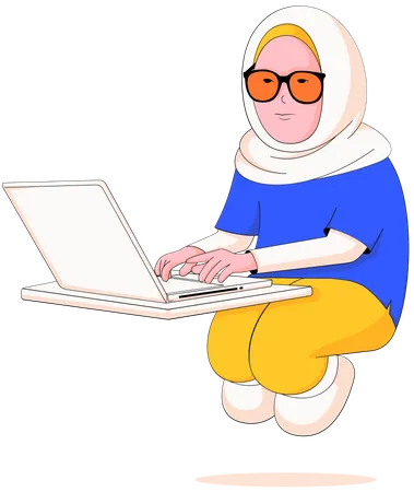 Woman wearing Hijab working on laptop  Illustration