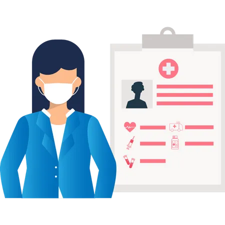 Woman wearing mask showing medical report  Illustration