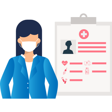 Woman wearing mask showing medical report  Illustration