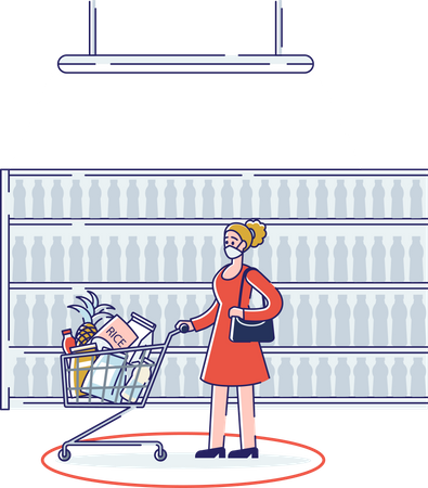 Woman wearing mask while shopping in supermarket Illustration