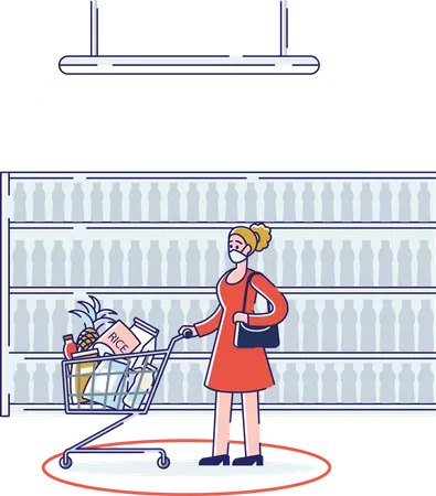 Woman Wearing Medical Mask While Shopping In Supermarket Covid 19 Quarantine Measures In Grocery Store Corona Virus Epidemic Concept Linear Vector Illustration Illustration
