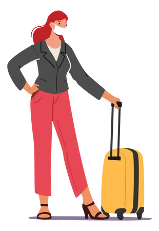 Female Tourist Character In Mask With Luggage Waiting Boarding On Airplane In Airport Girl Traveler Go To Aircraft During Covid Passenger Board To Jet Trip Travel Cartoon Vector Illustration Illustration