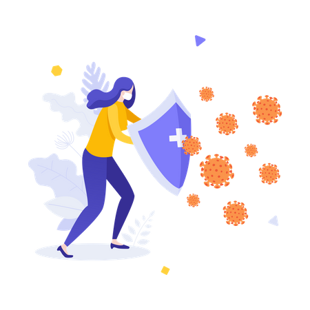 Woman wearing medical mask holding shield and protecting himself against virus  Illustration