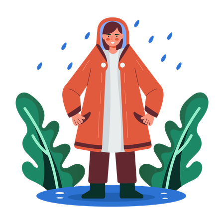 Woman wearing raincoat in heavy rainfall  Illustration