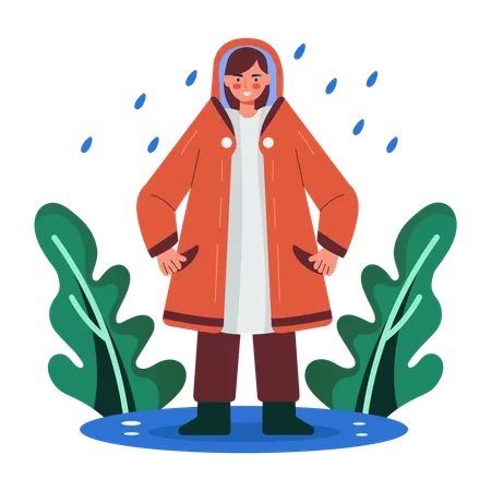 Woman wearing raincoat in heavy rainfall  Illustration