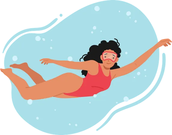 Woman Wearing Red Swimsuit Diving Female Character Confidently Swimming Gracefully Gliding Enjoying The Sensation Of Water On Skin Embracing Freedom Of Movement Cartoon People Vector Illustration Illustration