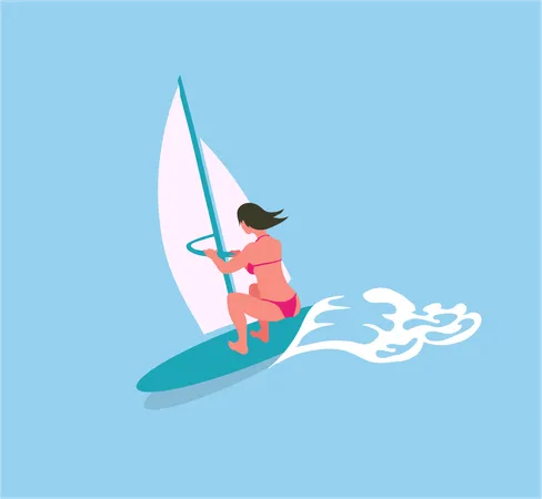 Woman Swimming On Surfboard With Canvas In Blue Sea Waters Vector Surfboard Extreme Sport And Cartoon Character In Bikini Suit Back View Illustration