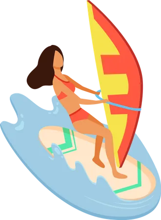 Young Woman Wearing Red Swimsuit Windsurfing In Ocean Beautiful Girl With Brown Hair In Bathing Suit Balancing On A Board Water Sport Active Summer Leisure Illustration