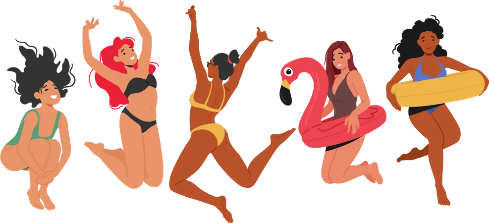 Joyful Diverse Beautiful Women Laughing And Jumping In Colorful Swimsuits Celebrating Freedom Confidence And The Beauty Of Summer Young Happy Female Characters Cartoon People Vector Illustration Illustration