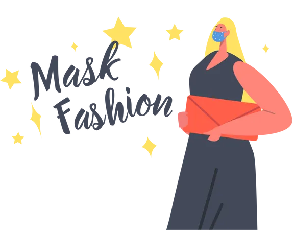 Woman Wearing Trendy Dress and Bag Presenting Mask Fashion During Corona virus Illustration