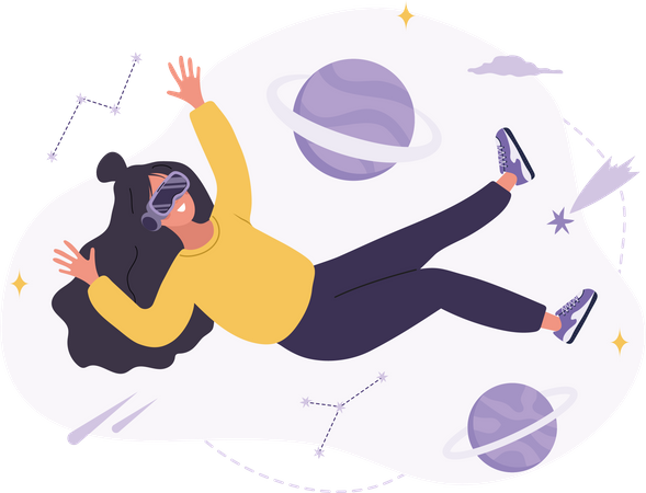 Woman wearing VR glasses floating in outer space Illustration