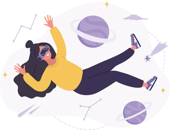 Woman wearing VR glasses floating in outer space Illustration