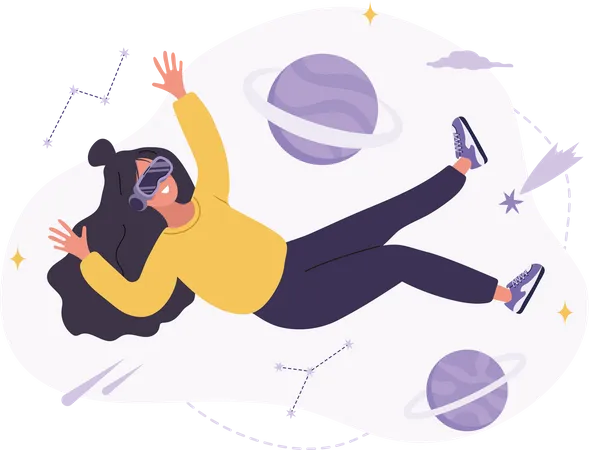 Woman wearing VR glasses floating in outer space  Illustration