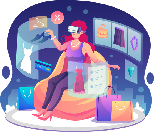 Woman wearing VR glasses is doing a shopping Illustration
