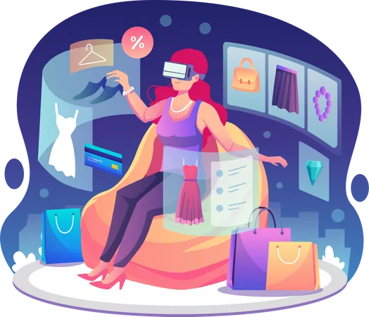 Woman wearing VR glasses is doing a shopping  Illustration