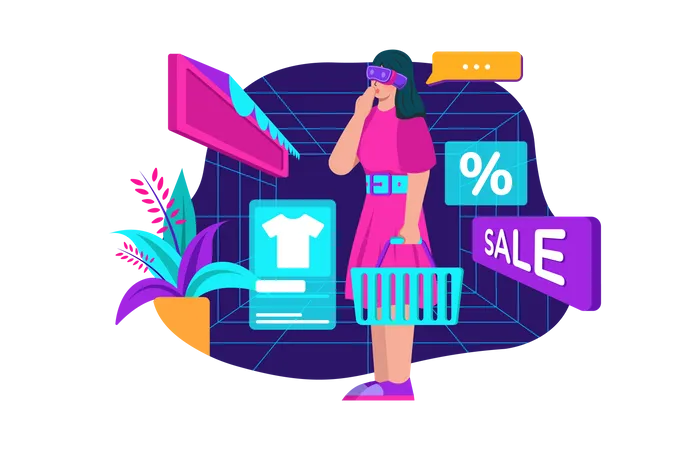 Woman wearing VR glasses shopping in metaverse Illustration