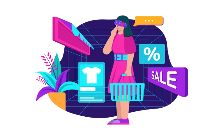 Woman wearing VR glasses shopping in metaverse  Illustration