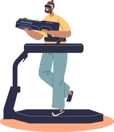 Woman wearing vr headset running on modern simulator treadmill with virtual reality technology  Illustration