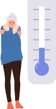 Young woman wearing warm clothing freezing feeling cold nearby thermometer  Illustration