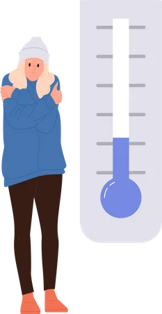 Young Woman Cartoon Character Wearing Warm Clothing Freezing Feeling Cold Trying To Keep Warm Nearby Thermometer Showing Low Degree Indicator Vector Illustration Isolated On White Background Illustration