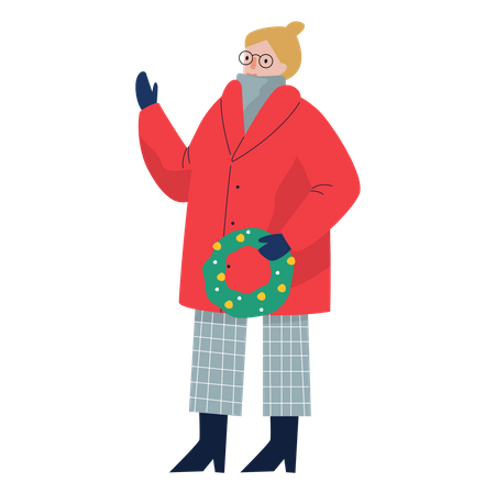 Woman wearing winter clothes holding wreath Illustration