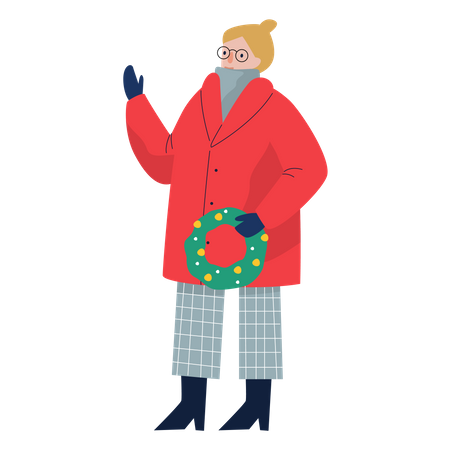 Woman wearing winter clothes holding wreath  Illustration