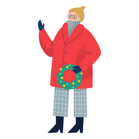 Woman wearing winter clothes holding wreath  Illustration