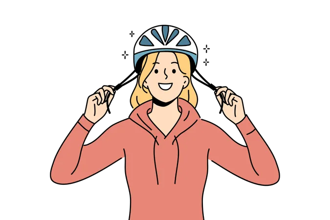 Woman wears helmet while riding cycle  イラスト