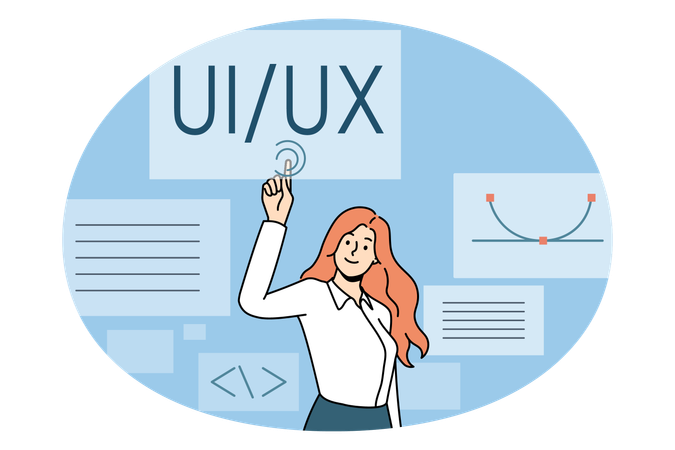 Woman web designer standing and pointing at ui ux  Illustration