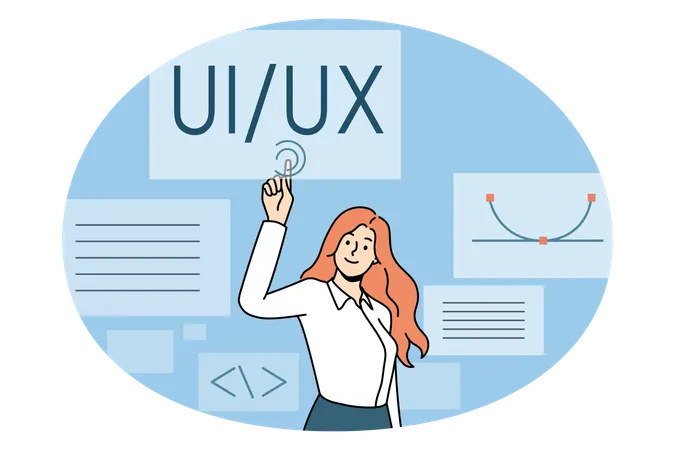 Woman web designer standing and pointing at ui ux  Illustration