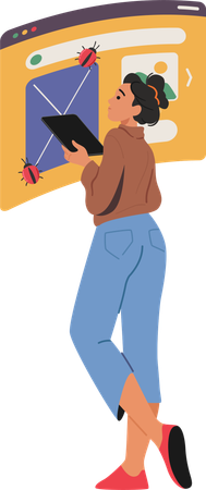 Woman web programmer fixing bugs using software testing and automated debugging process technology  Illustration