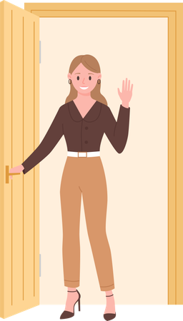 Woman Welcoming At Door  Illustration