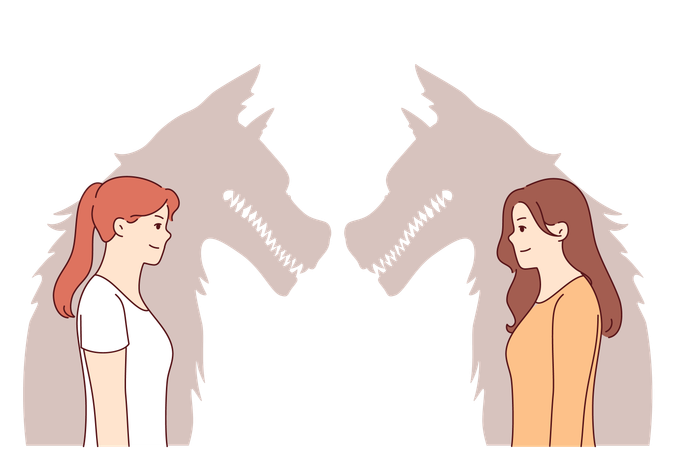 Woman werewolves with bad intentions smile hiding evil nature and desire to harm partner  Illustration
