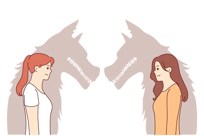 Woman werewolves with bad intentions smile hiding evil nature and desire to harm partner  Illustration