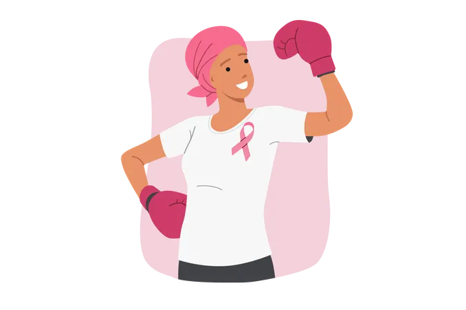 Woman who beat cancer with pink ribbon on chest symbolizing cancer awareness day  Illustration