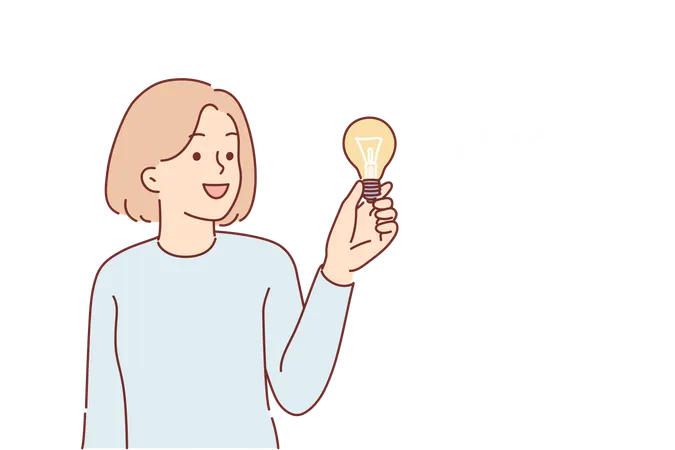 Woman Who Came Up With Solution Holds Light Bulb In Hand Symbolizing New Idea To Improve Energy Efficiency Teen Girl Near Word Solution For Concept Of Brainstorming And Making Plan Illustration
