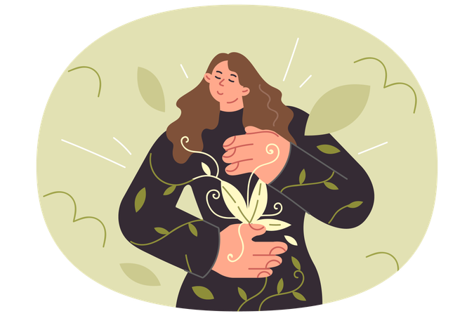 Woman who cares about environment feeling responsible for nature, dress with pattern tree petals  Illustration