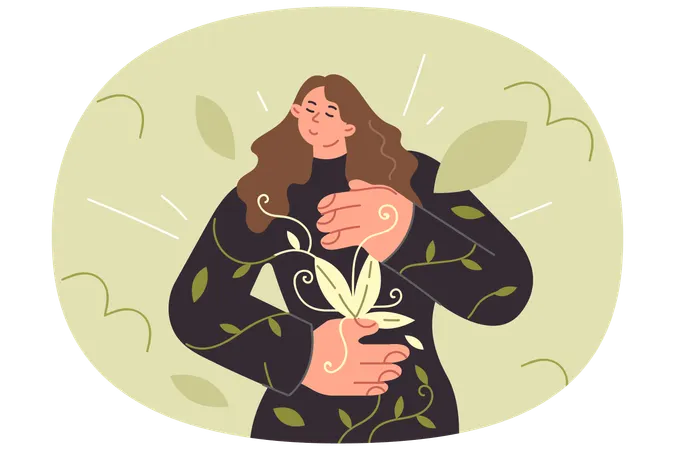 Woman who cares about environment feeling responsible for nature, dress with pattern tree petals  Illustration