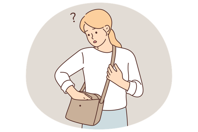 Woman who has lost wallet looks anxiously into purse in search of cash or mobile phone  Illustration