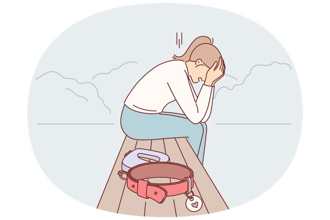 Woman who lost dog cries over loss of beloved pet sits on bench with empty collar in public park  Illustration