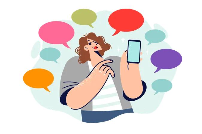 Woman Who Received Many SMS Messages On Mobile Phone Points Finger At Gadget Standing Among Dialogue Bubbles Girl Encourages You To Use SMS Messaging Service To Receive New Clients Illustration