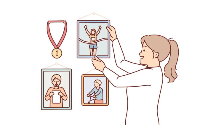 Woman Will Decorate Wall Of Apartment With Photographs From Sports Competitions And Medals Or Portraits Of Son Girl Makes Corner Of Glory In Own House Hanging Memorable Photos That Cause Nostalgia Illustration