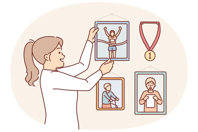 여성, 아파트 벽을 스포츠 경기 사진과 메달로 장식  일러스트레이션